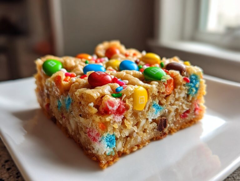A close-up, featured shot of a thick, chewy slice of christmas cookie bars topped with colorful M&Ms and sprinkles.