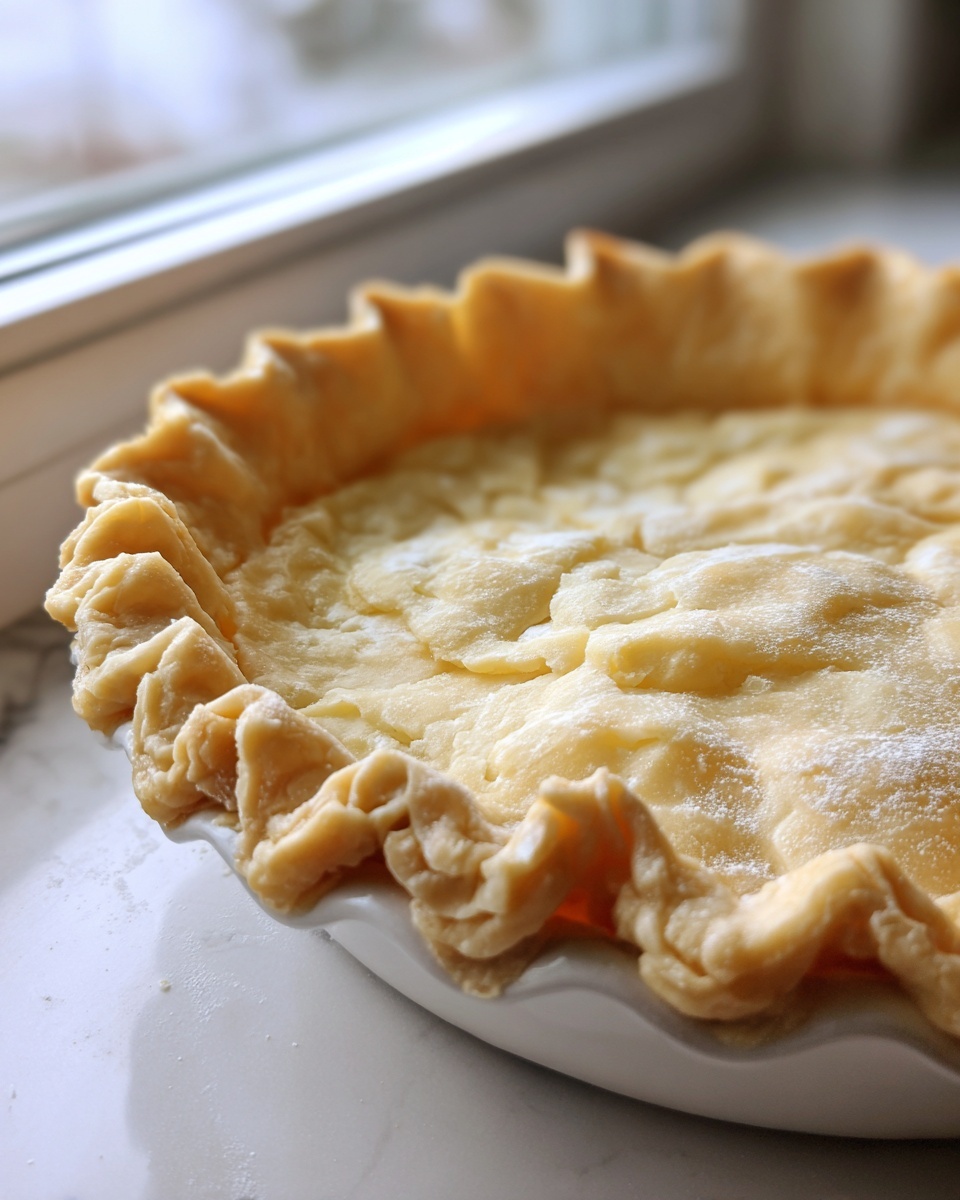 Close-up of a golden, flaky pie crust recipe dough placed in a white pie dish, ready for baking.
