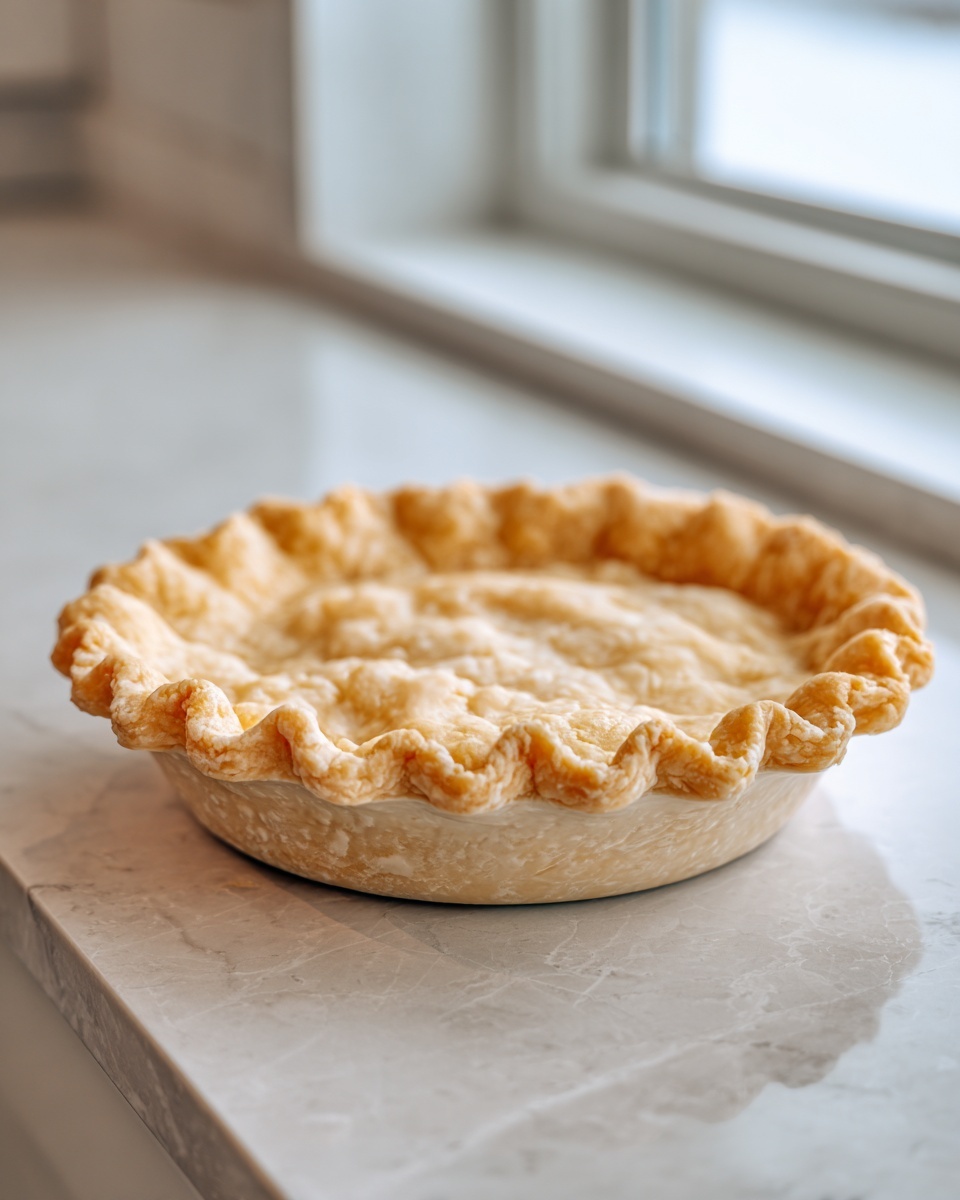 A golden, unbaked pie crust with crimped edges sitting in a ceramic dish, showcasing the flaky pie crust recipe.