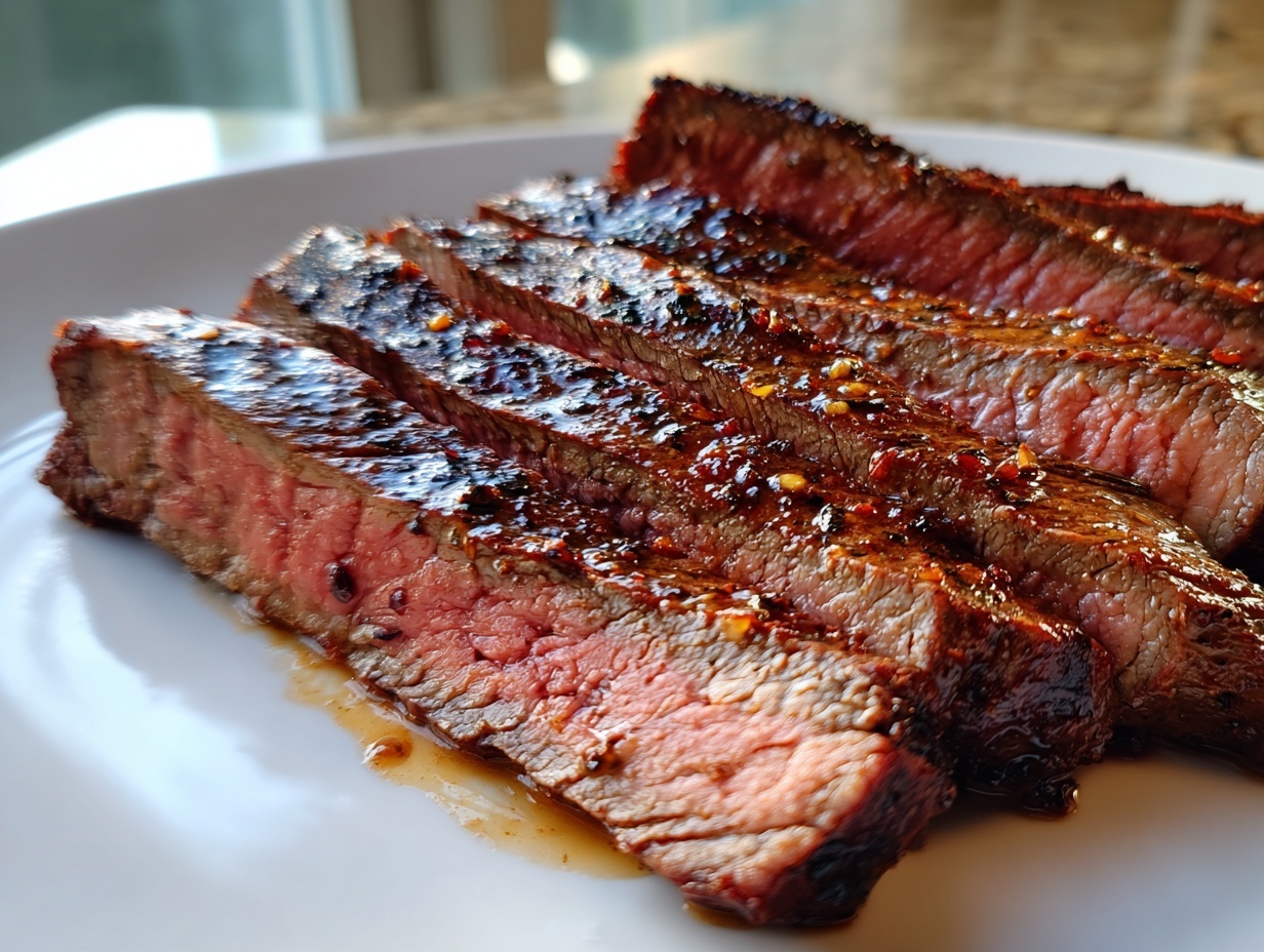 Close-up of perfectly cooked, medium-rare flank steak sliced against the grain and glazed.
