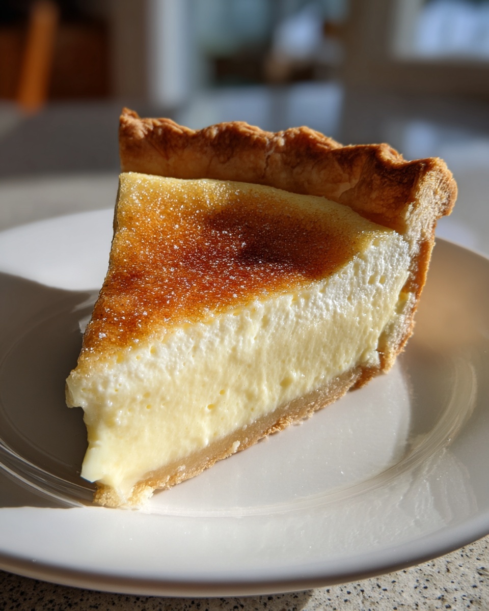 A perfect slice of creamy custard pie on a white plate, showing a golden, slightly browned top.