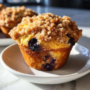 Close-up of a golden brown blueberry muffin topped with crunchy streusel, highlighting the moist interior and plump blueberries.
