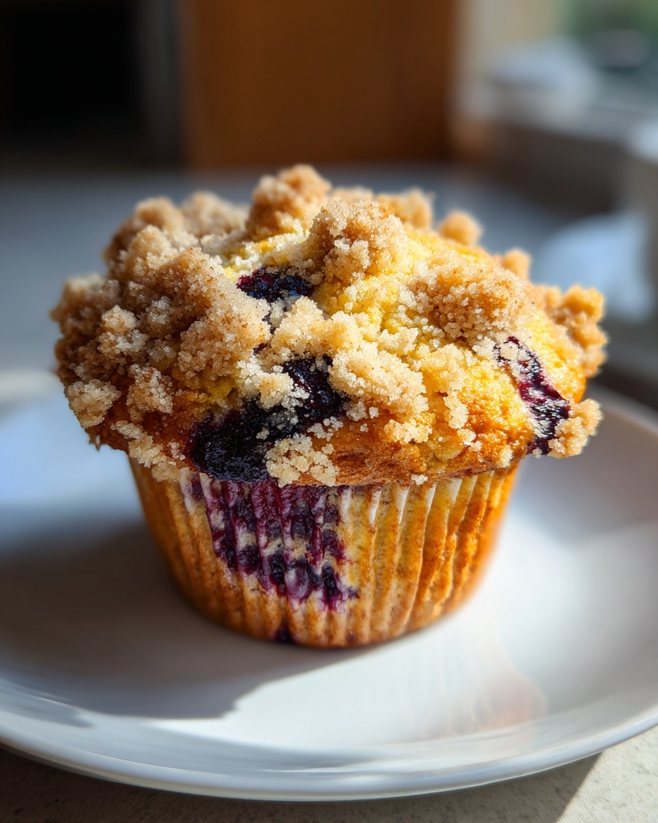 A single, golden blueberry muffin topped with a thick layer of brown sugar streusel, sitting on a white plate.