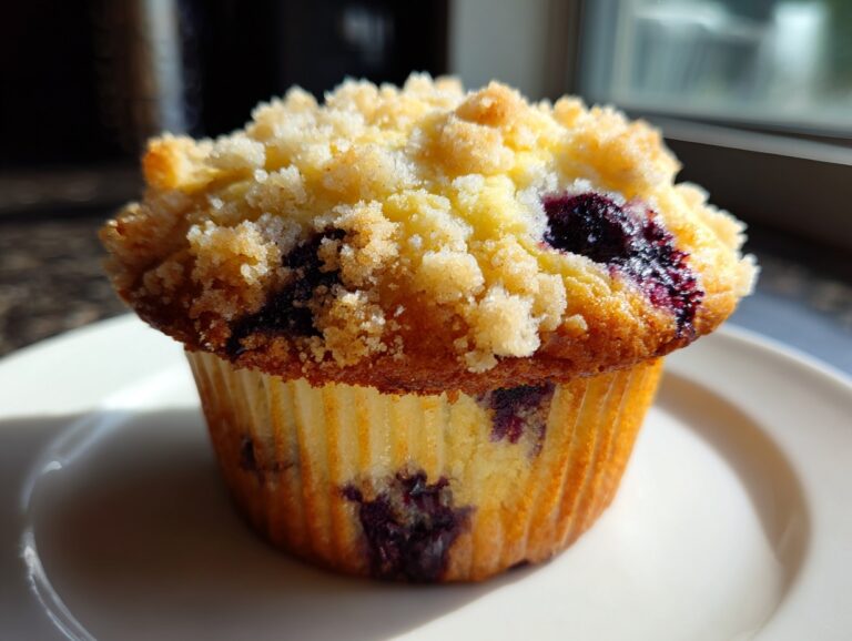 A close-up of a golden-brown blueberry muffin topped with sweet streusel, showcasing moist texture.