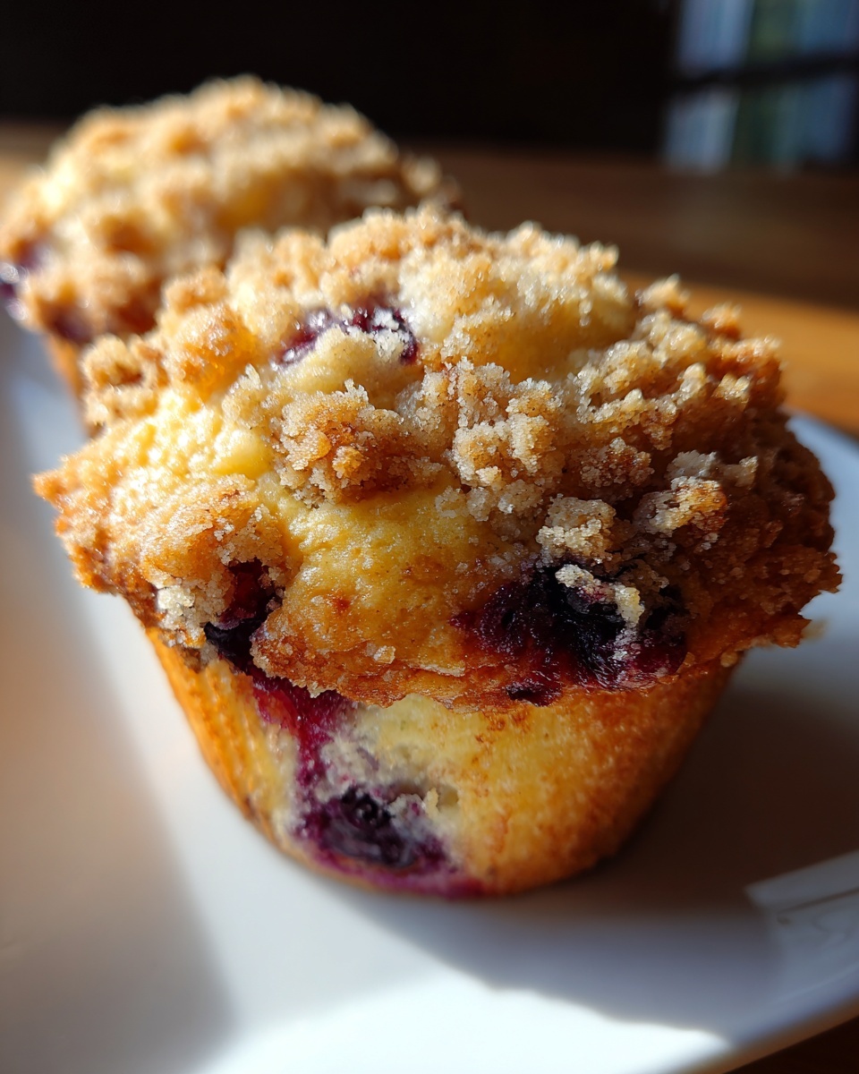 Close-up of a moist blueberry muffin topped with crunchy brown sugar streusel, highlighting the baked blueberries.