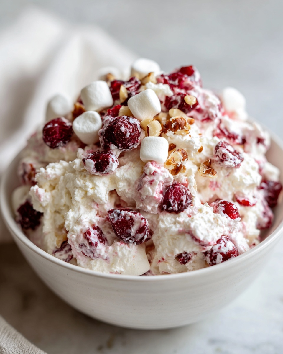 A close-up of fluffy white cranberry salad mixed with whole cranberries, topped with mini marshmallows and chopped nuts.