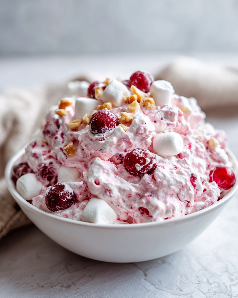 A bowl filled with fluffy pink cranberry salad, topped with whole cranberries, mini marshmallows, and chopped nuts.