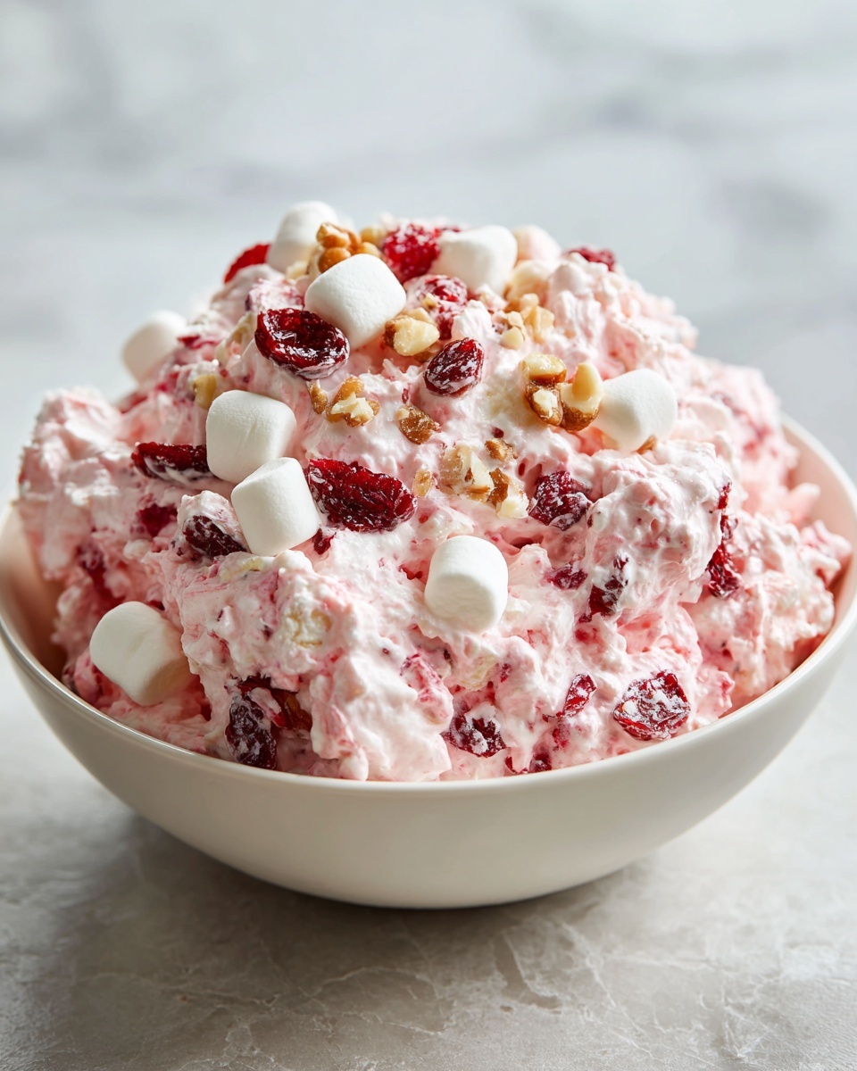 A bowl of fluffy pink cranberry salad topped with mini marshmallows, dried cranberries, and chopped walnuts.