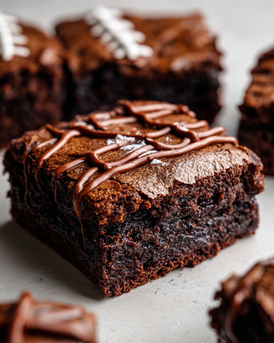 Close-up of a fudgy, rich football brownie square drizzled with chocolate icing, with more brownies in the background.