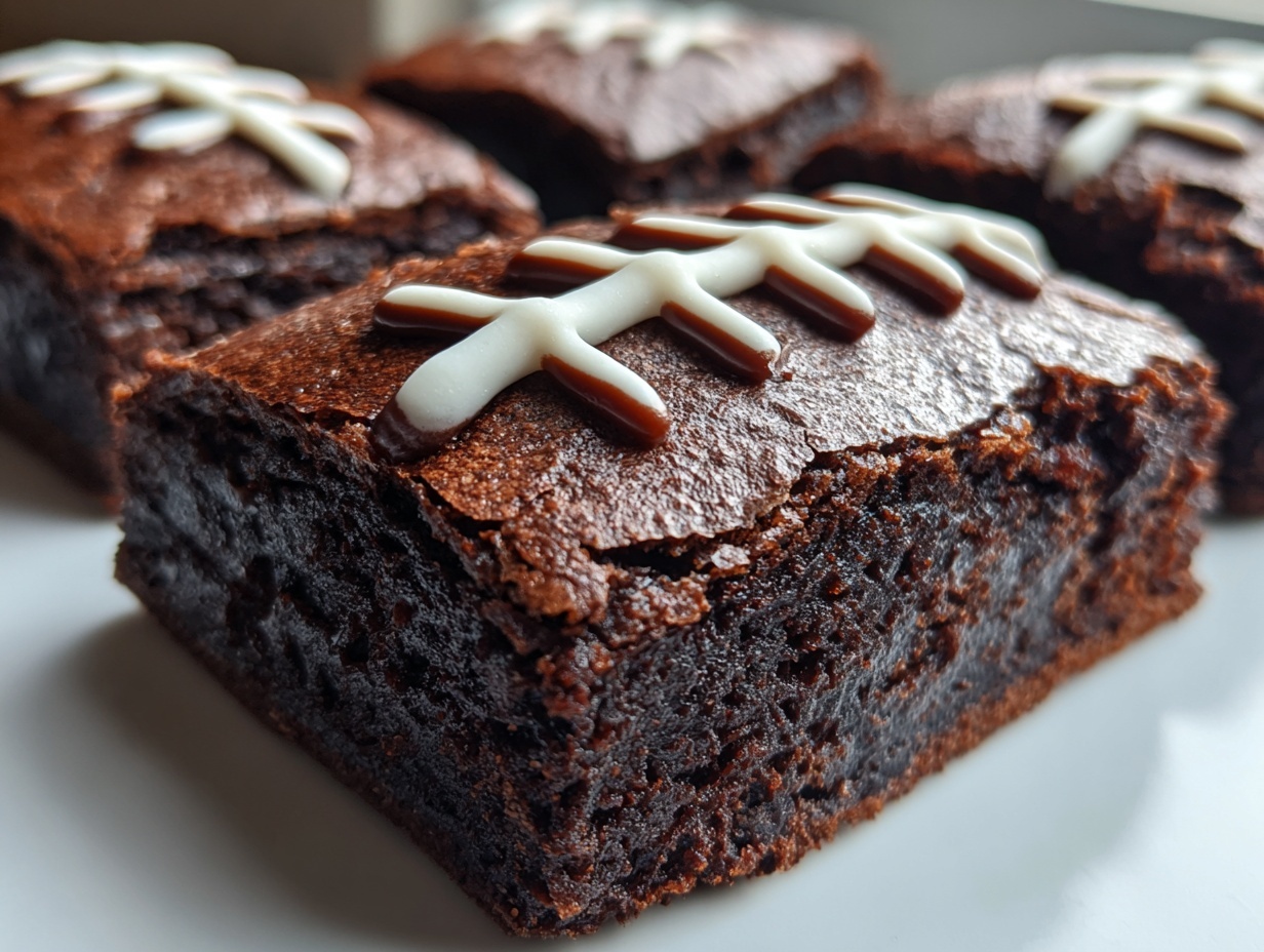 Close-up of a fudgy, dark chocolate football brownie decorated with white and brown icing laces.