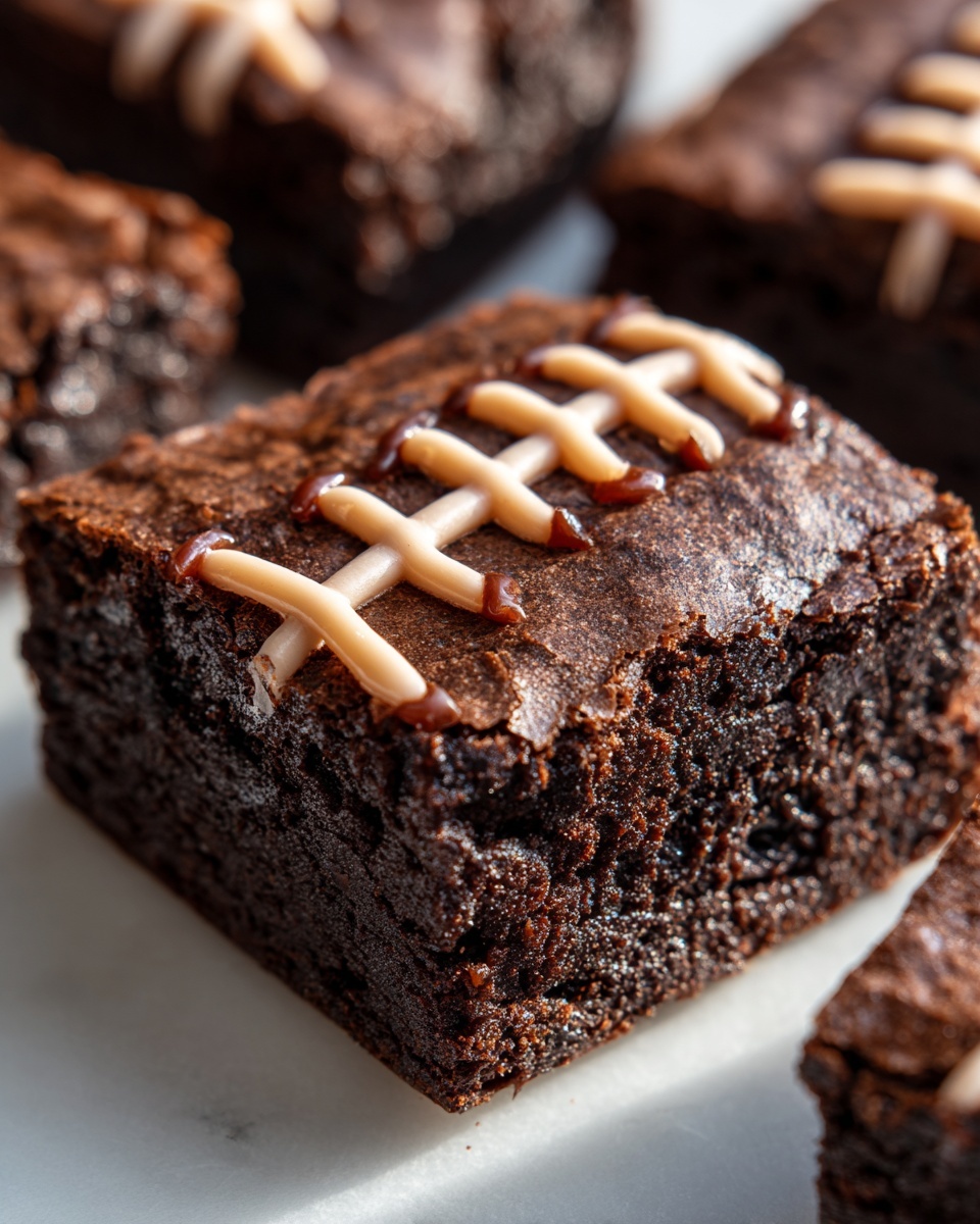 A close-up of a rich, dark chocolate football brownie decorated with light-colored icing laces.