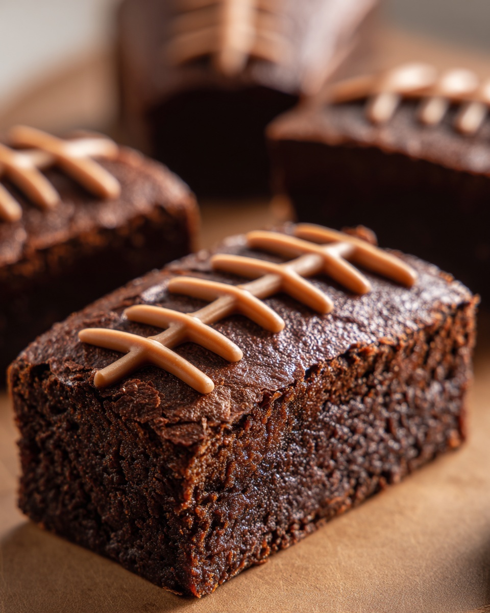 A close-up of a fudgy, dark chocolate football brownie decorated with tan icing laces.
