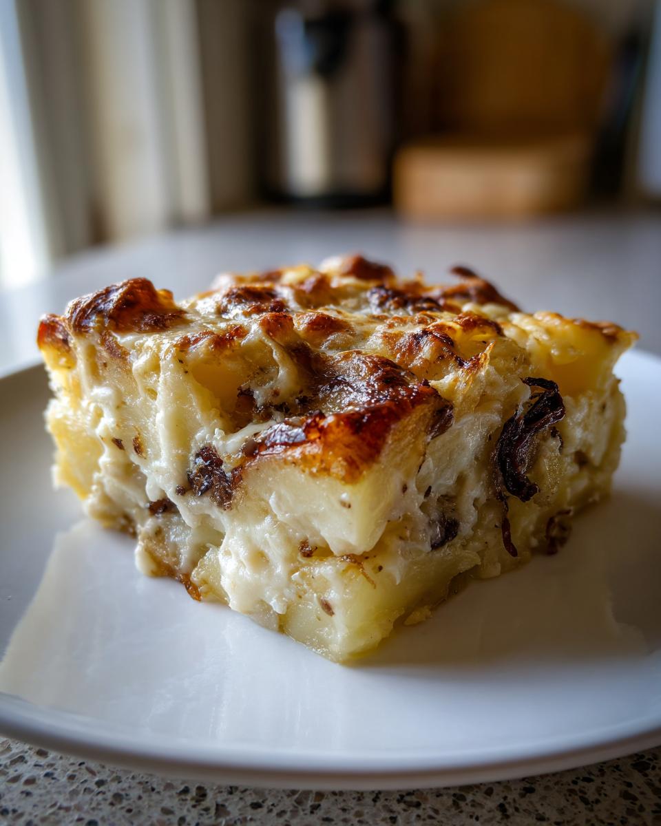 A square serving of creamy french onion potato bake with a deeply browned, cheesy crust on a white plate.