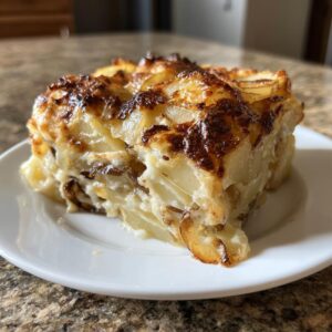 A close-up of a serving of french onion potato bake showing layers of creamy potatoes and a deeply browned, cheesy top.