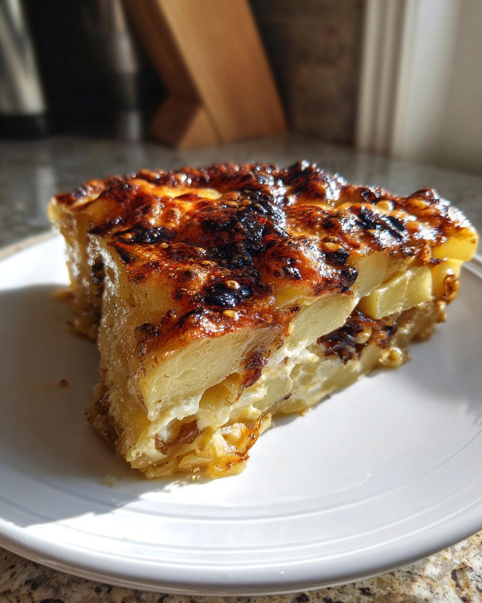 A thick slice of french onion potato bake showing layers of potatoes and caramelized onions, topped with a dark, cheesy crust.