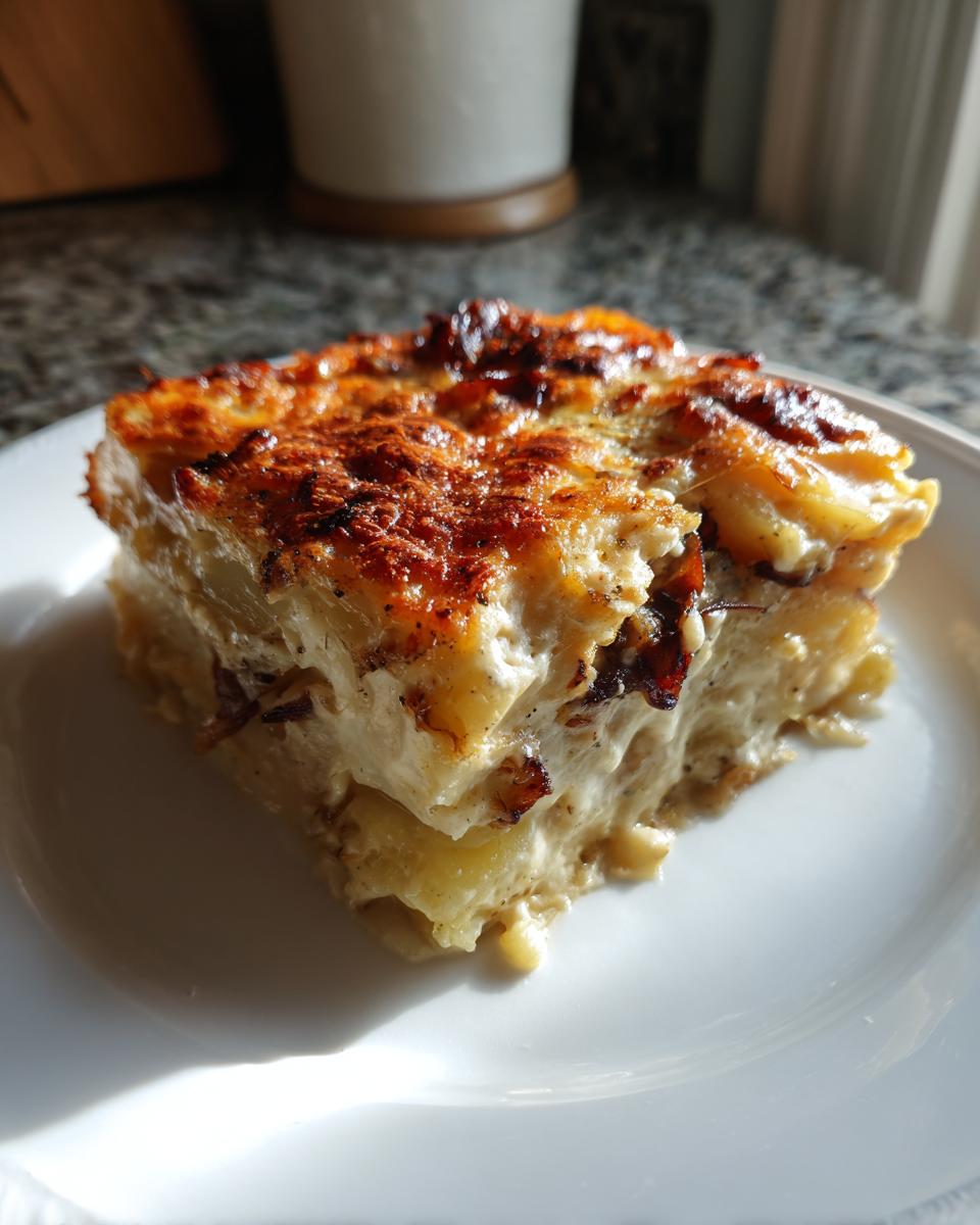 A square slice of creamy french onion potato bake with a deeply browned, cheesy crust, served on a white plate.