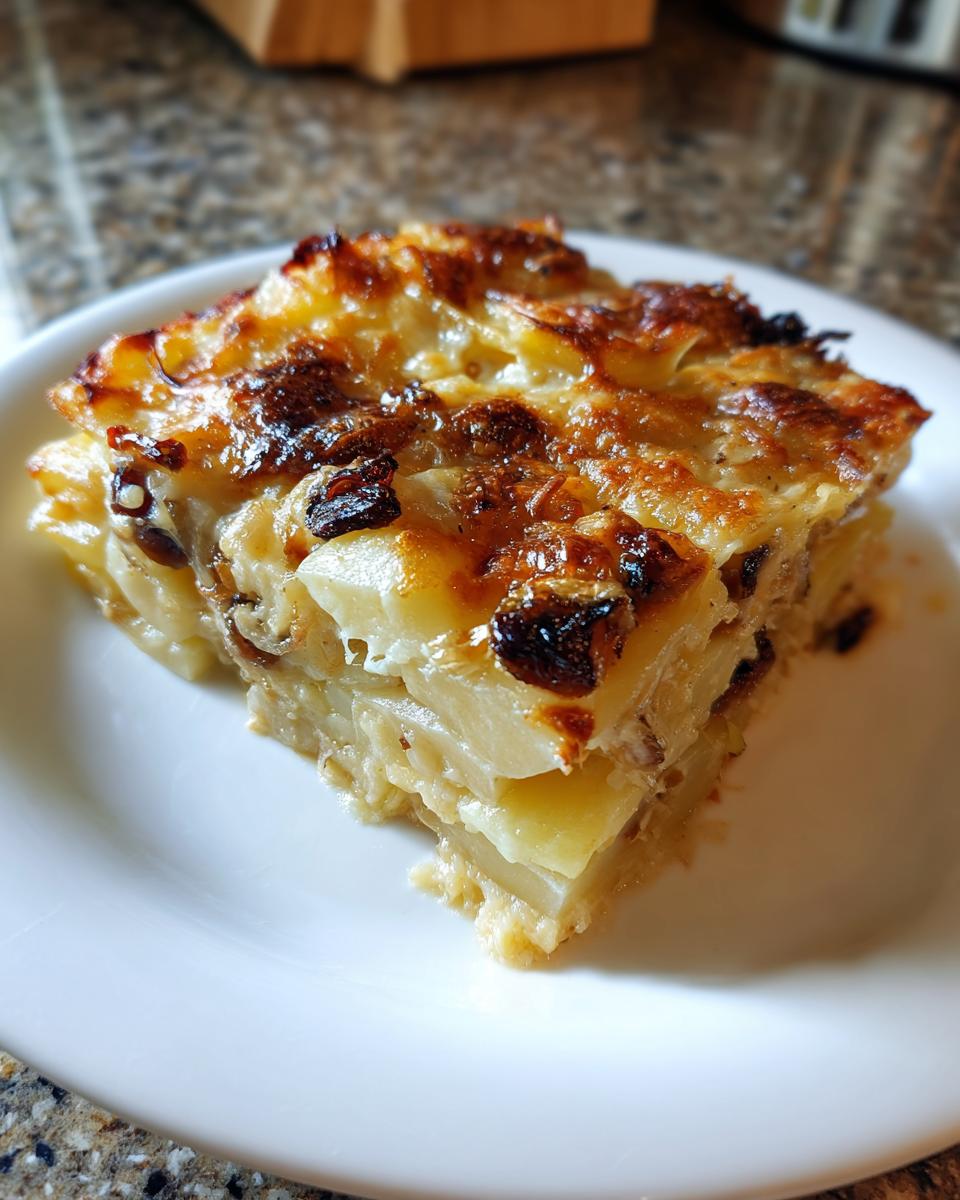 A close-up of a square slice of cheesy french onion potato bake with browned, caramelized topping.