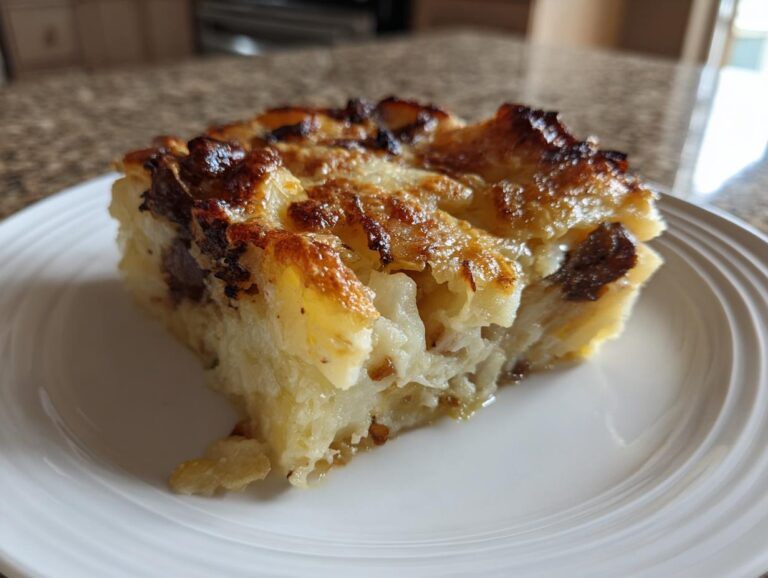 A close-up of a square slice of french onion potato bake showing layers of soft potatoes and a deeply browned, cheesy crust.