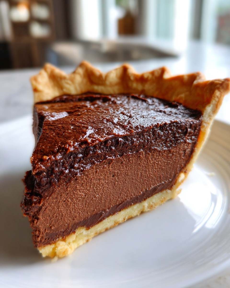 A close-up shot of a perfect slice of french silk pie showing a flaky crust and thick, velvety chocolate filling.