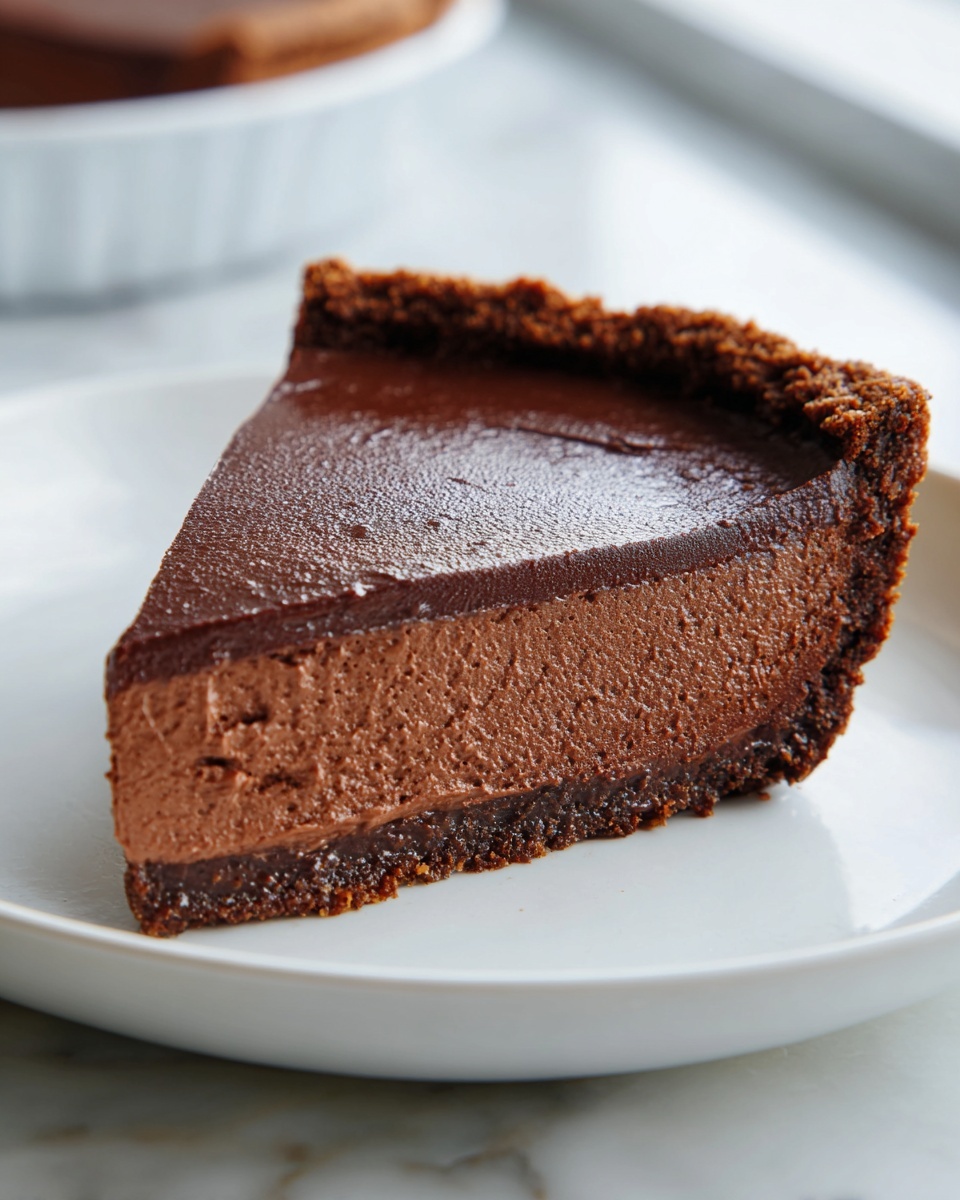 A perfect slice of decadent french silk pie featuring a thick, airy chocolate mousse filling and a dark chocolate crust.