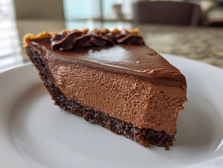 A rich, thick slice of french silk pie showing the airy chocolate mousse filling and dark crust.