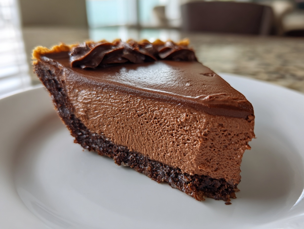 A rich, thick slice of french silk pie showing the airy chocolate mousse filling and dark crust.