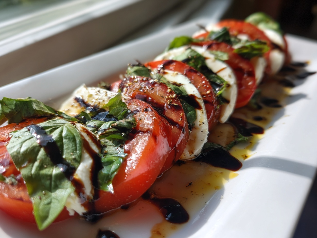Close-up of a fresh caprese salad featuring alternating slices of tomato and mozzarella, drizzled with balsamic glaze.