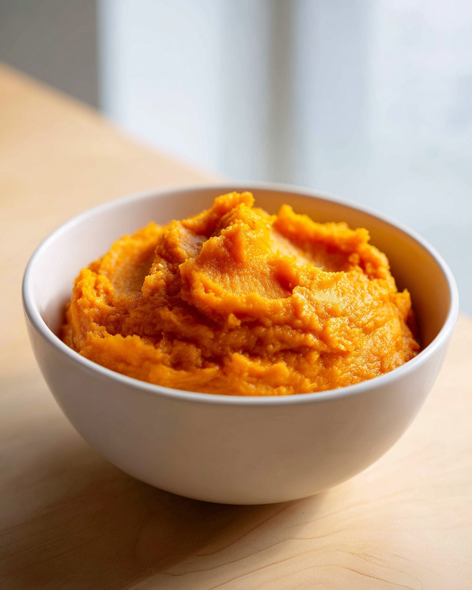 A close-up of vibrant orange, fluffy pumpkin puree served in a simple white bowl on a wooden surface.