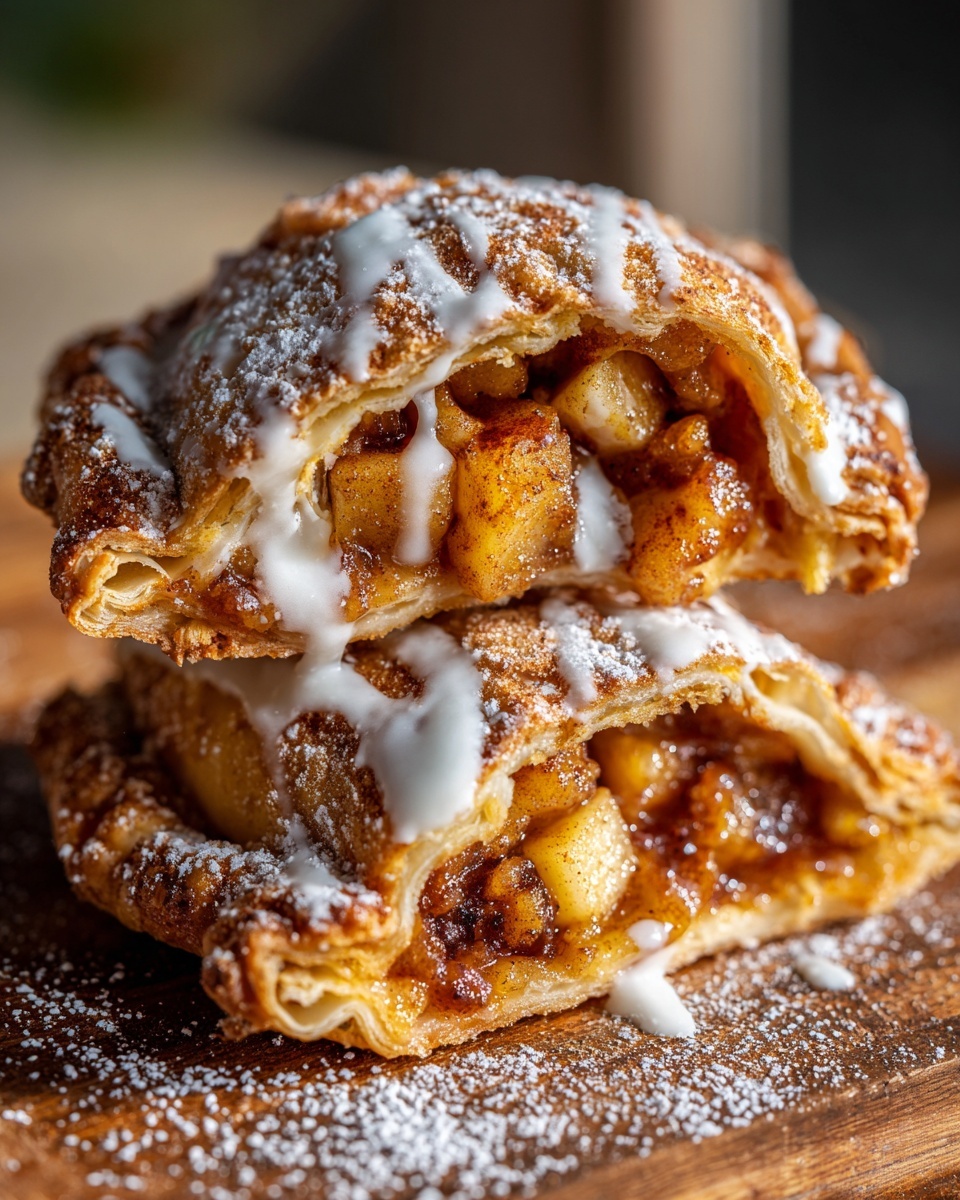 Two halves of a fried apple pie stacked, showing cinnamon apple filling and white glaze.
