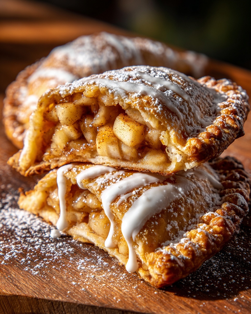 Close-up of two stacked fried apple pies, one cut open revealing spiced apple filling, drizzled with white icing.