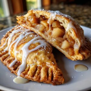 Two halves of golden brown fried apple pies, showing the chunky apple filling and drizzled with vanilla icing.