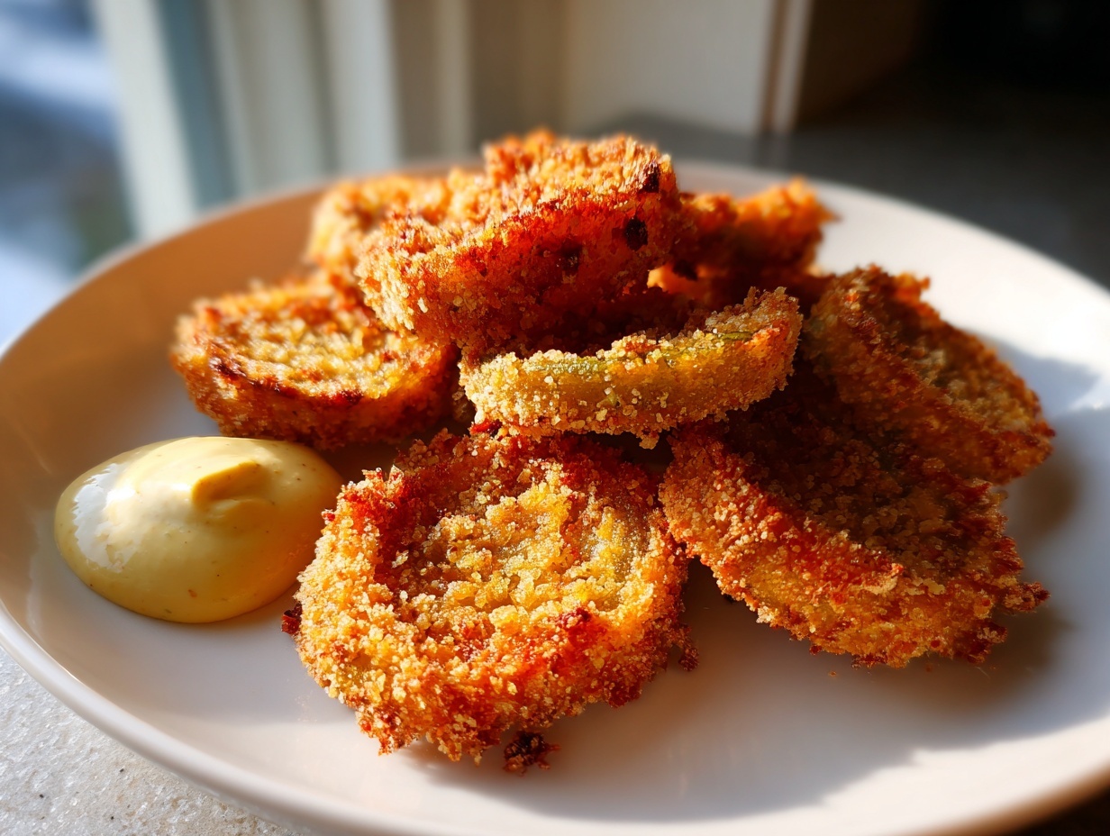 A plate of crispy, golden-brown fried green tomatoes served with a dollop of yellow dipping sauce.