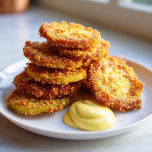 A stack of perfectly golden brown fried green tomatoes served on a white plate with a dollop of creamy yellow dipping sauce.