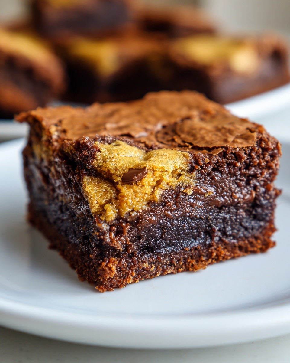 A decadent, fudgy square of 3 layer brookies showing the distinct brownie and cookie layers.