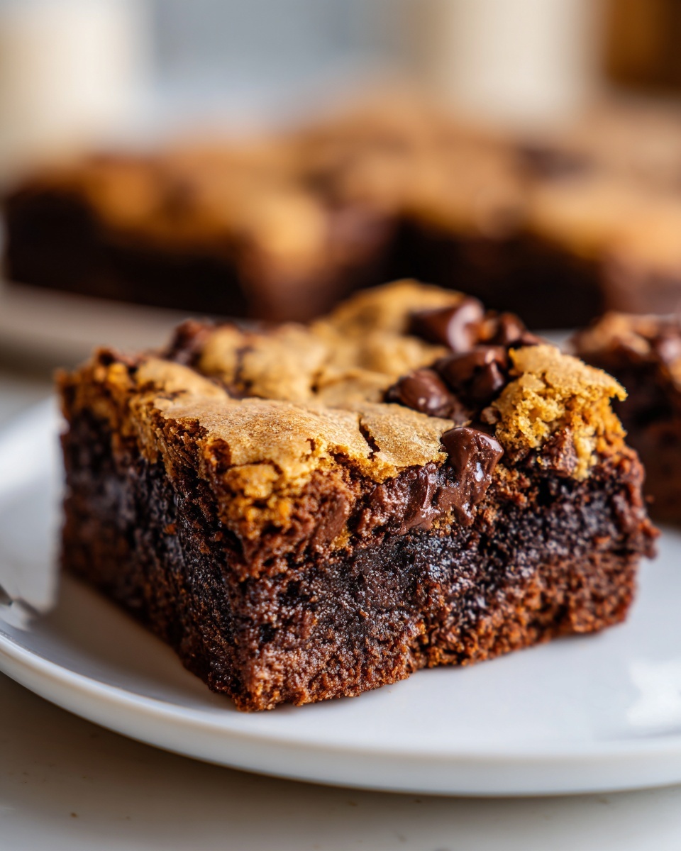 A close-up, cross-section view of a fudgy brookies bar showing the dense brownie layer topped with a cookie layer.