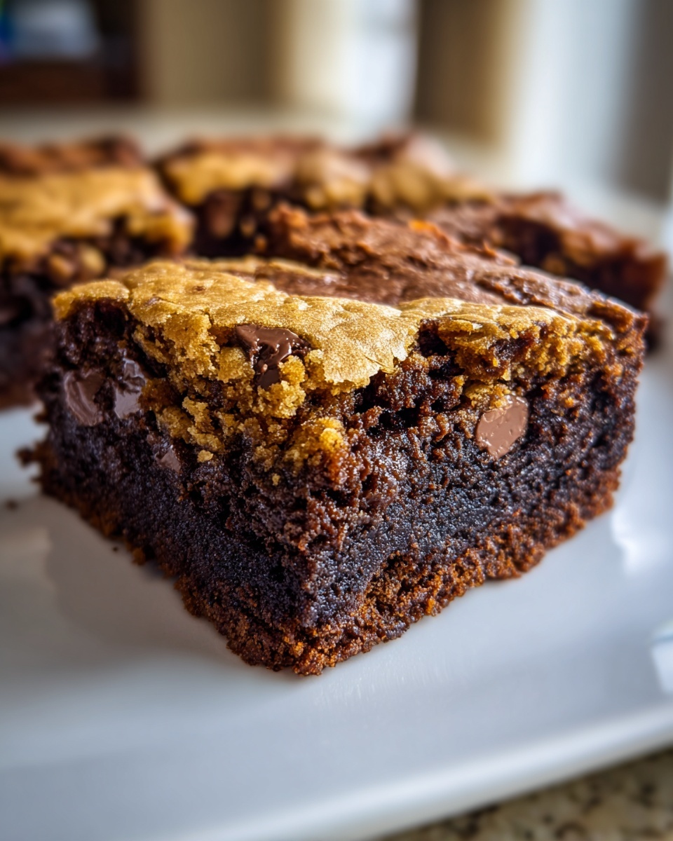 A close-up, cross-section view of a fudgy chocolate brookies bar with a golden cookie top layer.