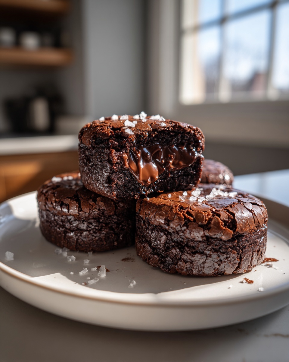 Close-up of fudgy brownie cookies stacked on a plate, one broken open showing a gooey, molten chocolate center.