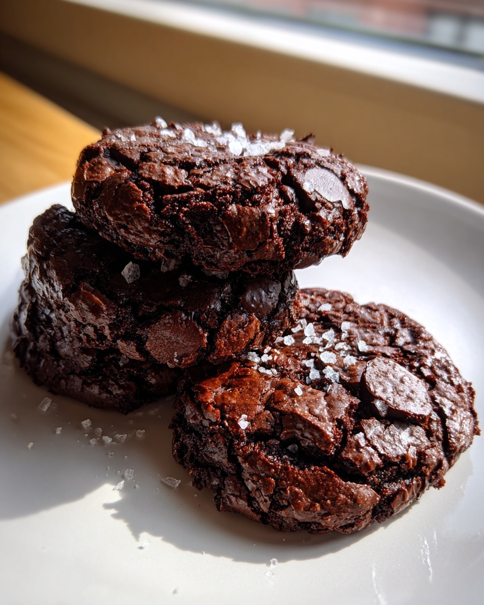 Three fudgy brownie cookies stacked on a white plate, sprinkled with flaky sea salt.