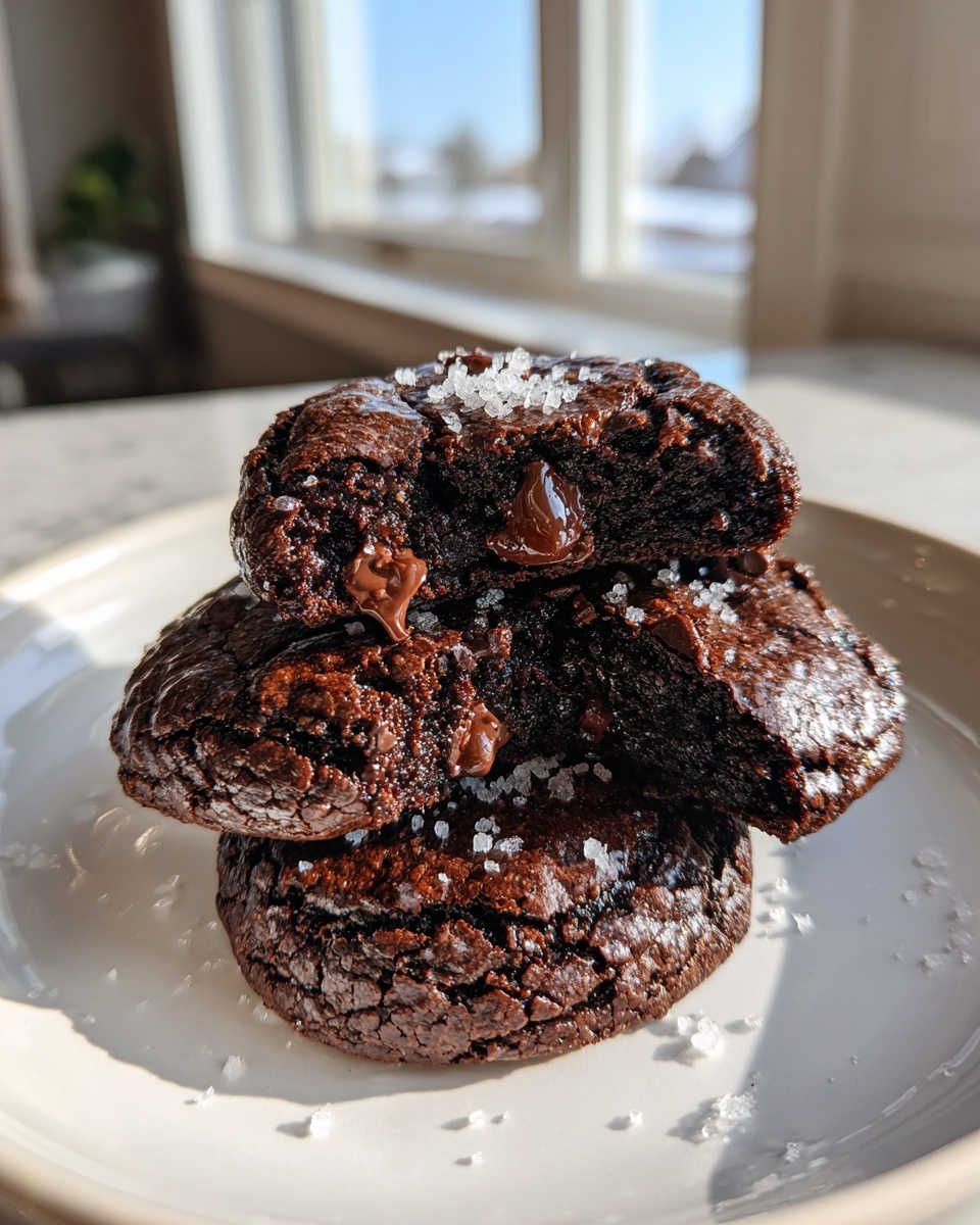 A stack of three fudgy brownie cookies, one broken open to show melted chocolate chips, topped with flaky sea salt.