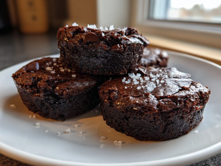 Close-up of three fudgy brownie cookies stacked on a white plate, sprinkled with flaky sea salt.