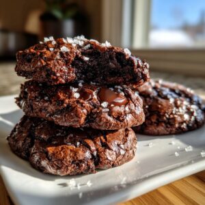 Stack of three fudgy brownie cookies topped with melted chocolate chips and flaky sea salt.