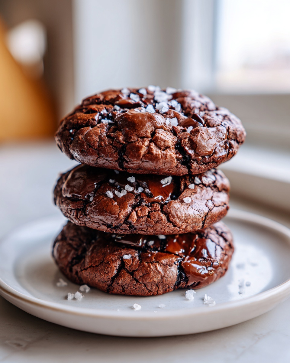 Three fudgy brownie cookies stacked on a plate, topped with melted chocolate and flaky sea salt.