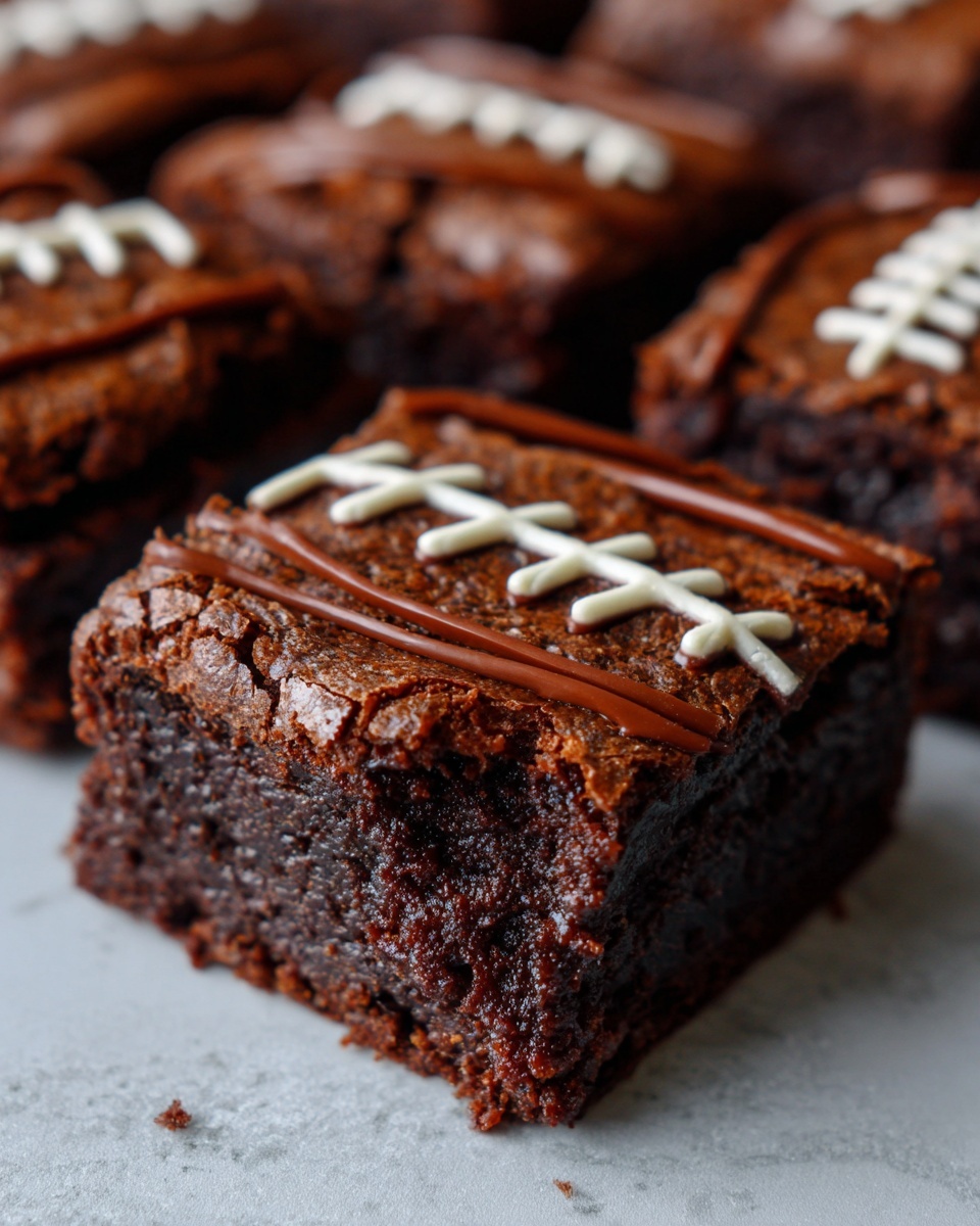Close-up of a fudgy, rich football brownie decorated with white icing laces and chocolate drizzle.