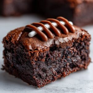Close-up of a fudgy, dark chocolate football brownies square decorated with white and brown icing laces.