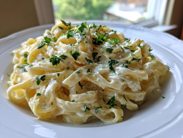 Close-up of fettuccine pasta coated in rich garlic parmesan sauce and topped with fresh parsley.