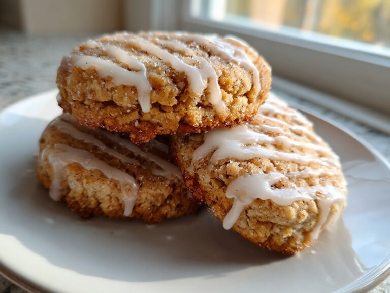Three soft, thick apple cider cookies stacked on a white plate, drizzled with white icing.