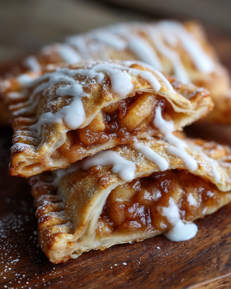 Close-up of two stacked fried apple pies, cut open to show cinnamon apple filling and drizzled with white icing.
