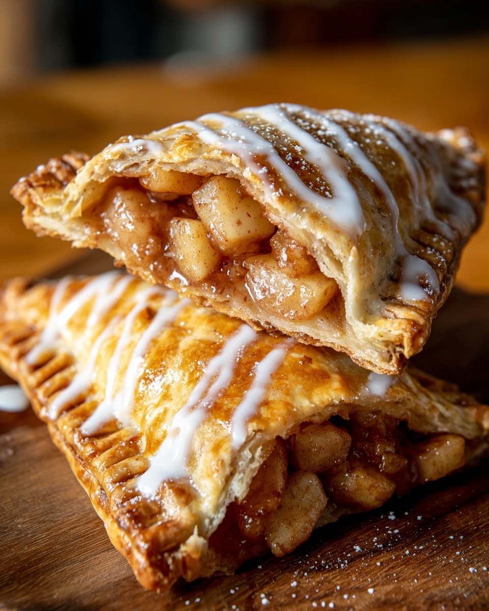 Two delicious fried apple pies stacked, showing the flaky crust and chunky apple filling, drizzled with white icing.