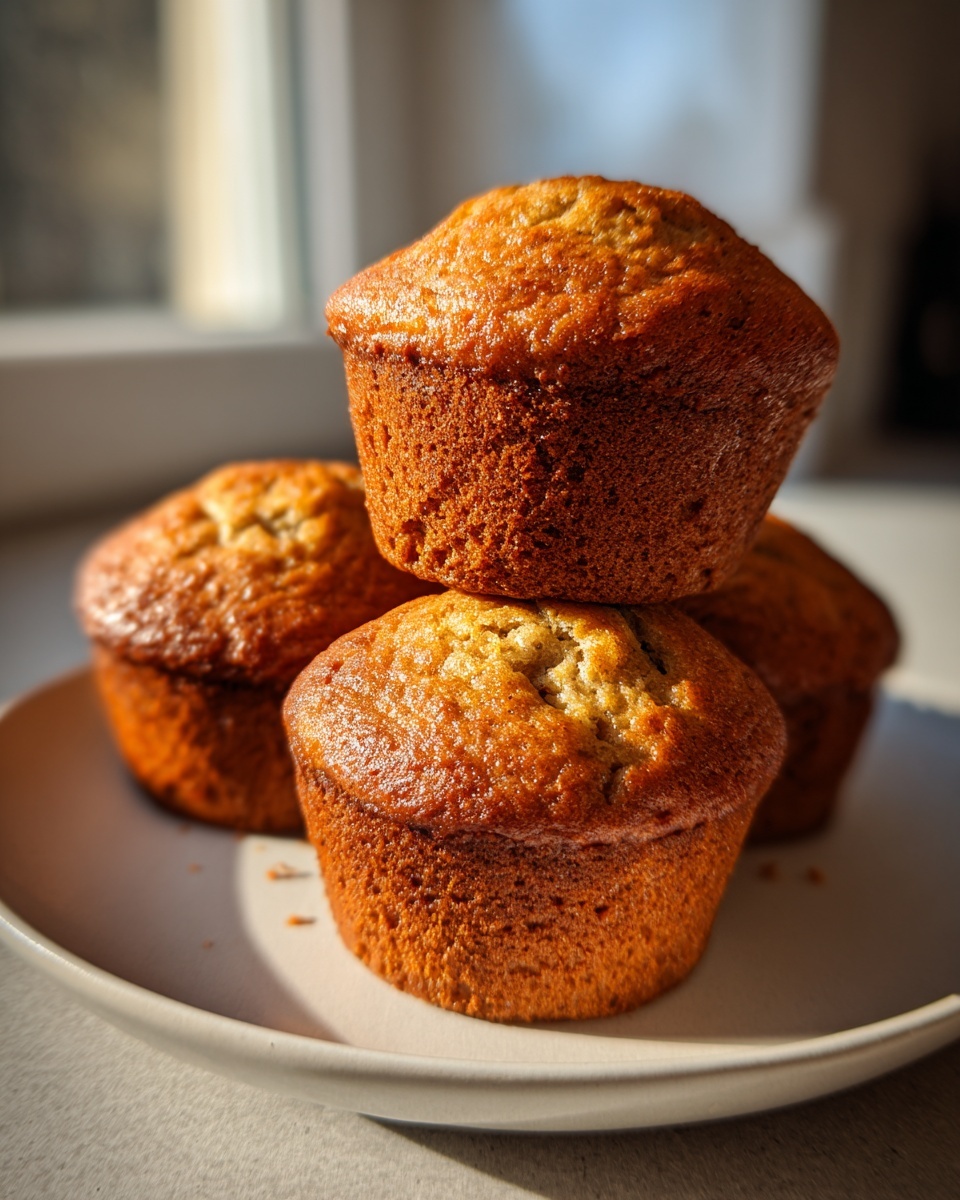 A stack of four golden-brown banana protein muffins sitting on a light-colored plate near a window.