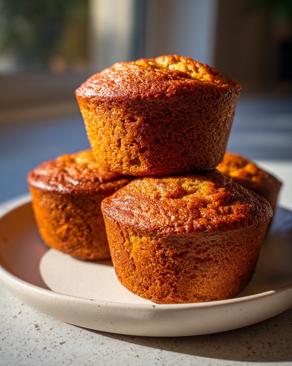 A stack of three golden brown banana protein muffins sitting on a light-colored speckled plate.
